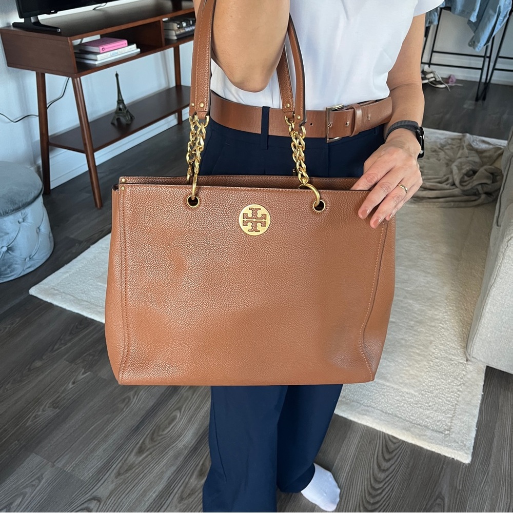 Tory Burch Tan Leather Tote with Gold Accents